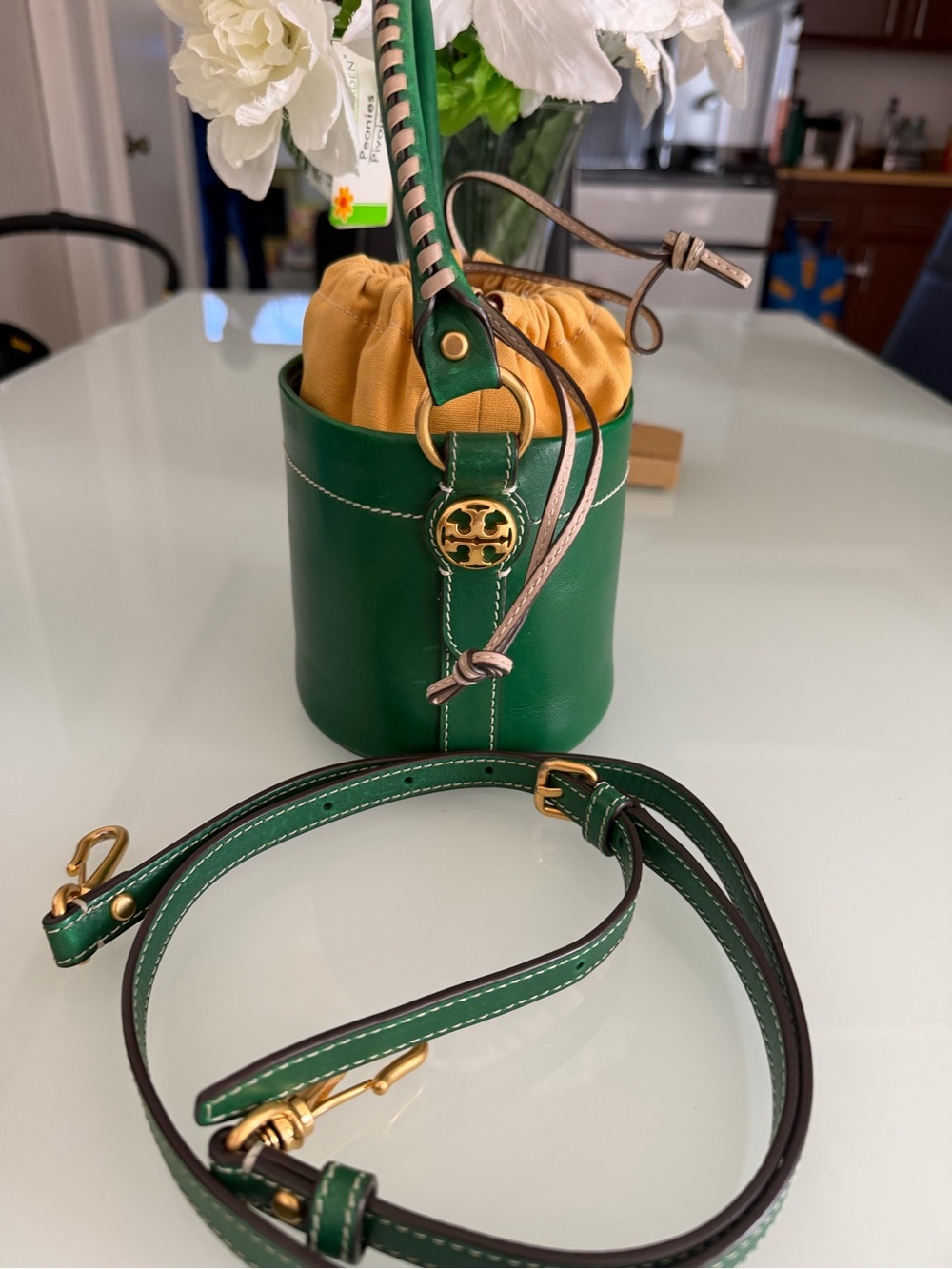 Tory Burch Green Leather Bucket Mini Bag with Yellow Drawstring Liner EUC